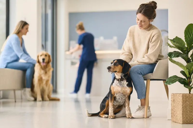 Ein Balkan Bracke Hund sitzt entspannt neben seinem Besitzer in einem modernen Wartezimmer einer Tierarztpraxis.